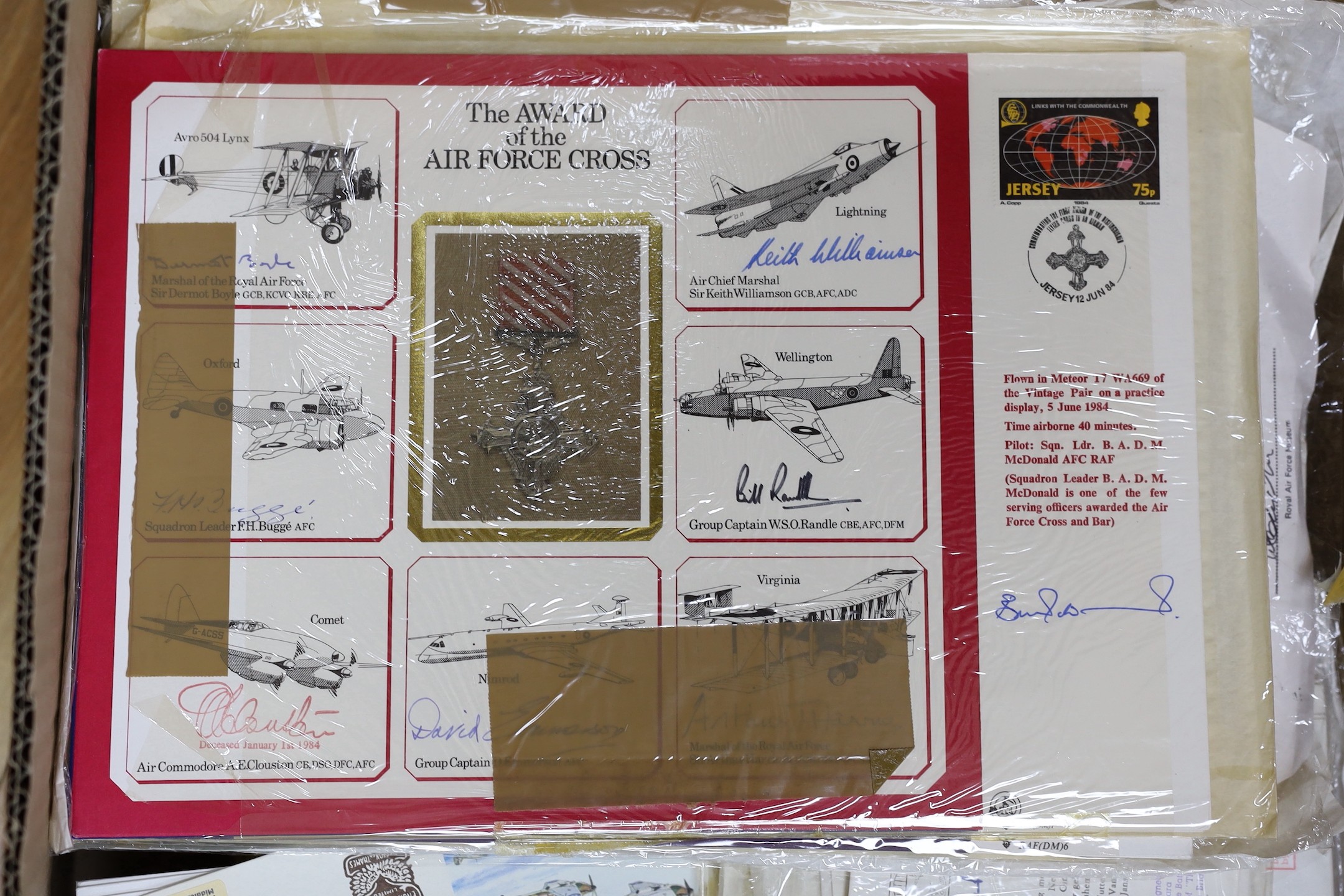 Cover collection in 12 albums plus loose with F.D.C., RAF covers many signed including Douglas Bader, Stamford Tuck, J. Johnson, Colditz escapees, Bill Reig VC, Leonard Cheshire VC, naval covers, football covers (2 boxes